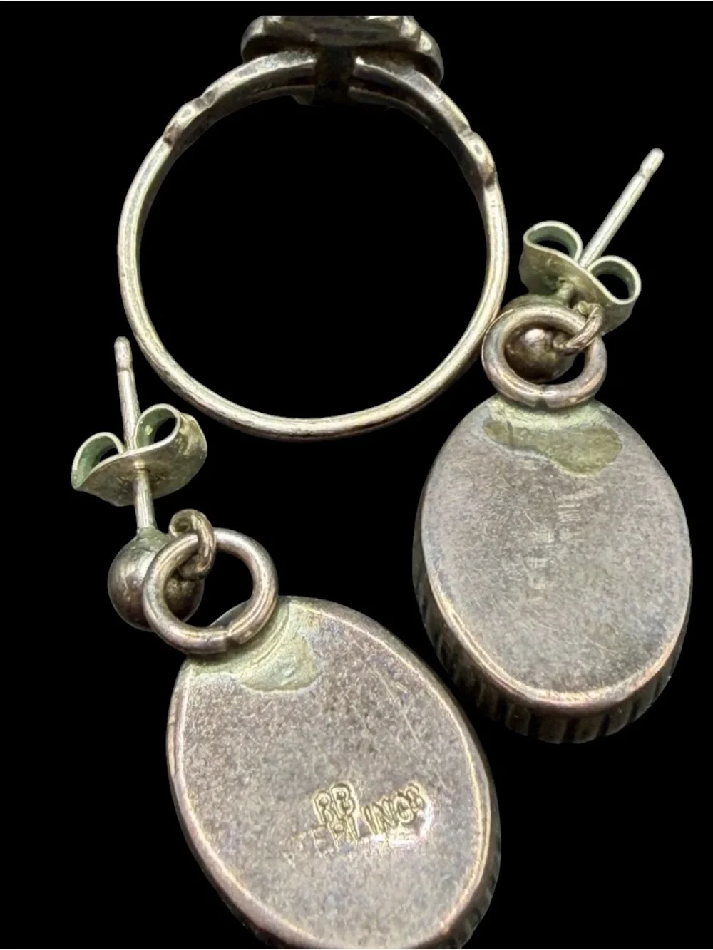 Vintage Running Bear Sterling Turquoise Ring Size 5 & Drop Earrings Set